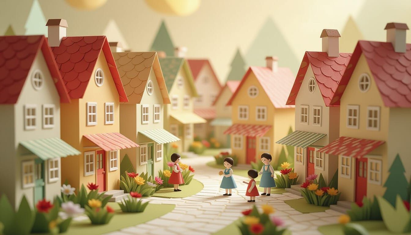 Whimsical Paper Village with Origami Style and Cozy Lighting