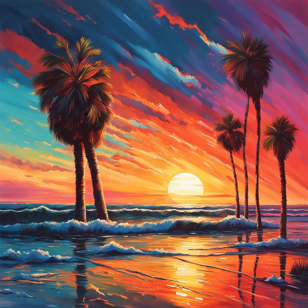 Hyperrealistic California Sunset in Splash Art Style