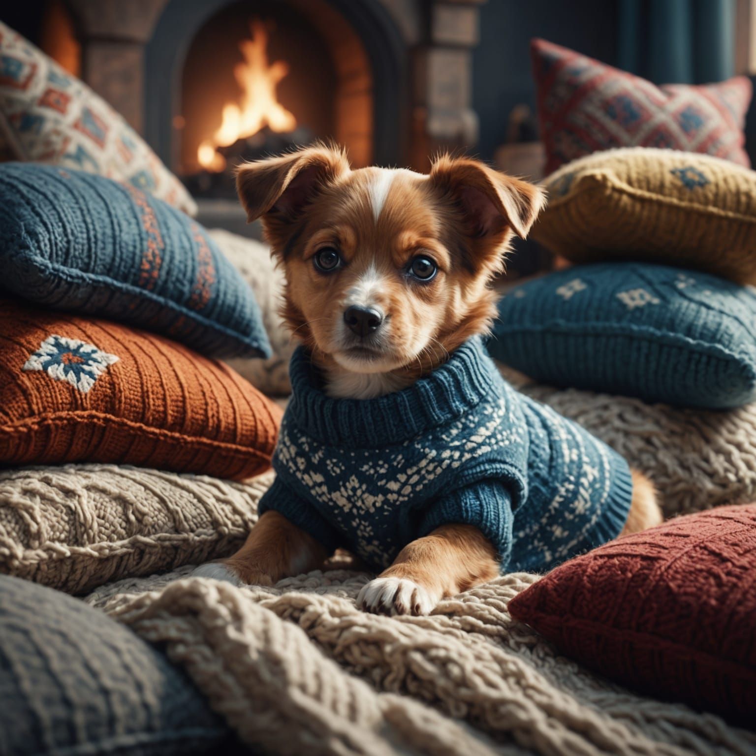 Cozy Puppy in Wool Sweater, Detailed Digital Painting