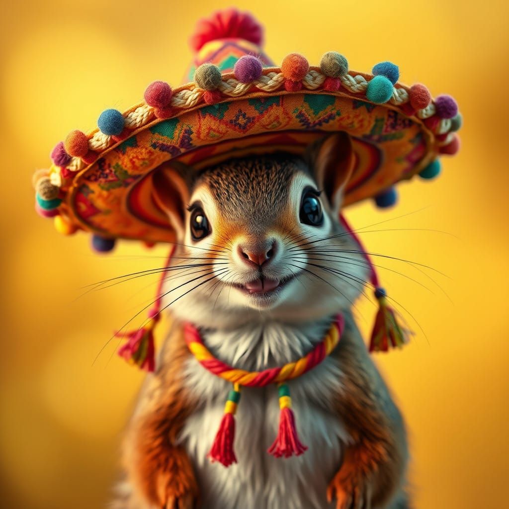 A portrait of an adorable squirrel wearing sombrero