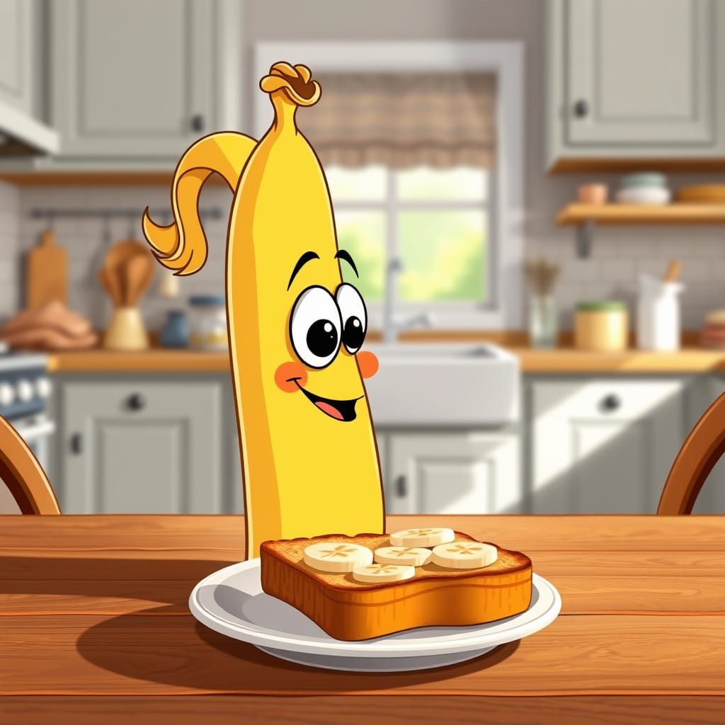 Whimsical Banana Character in Cozy Kitchen Scene