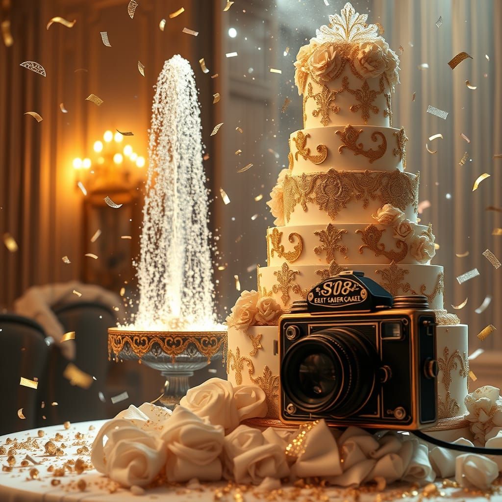 Elegant Cake Sparkles with Golden Accents and Champagne Foun...