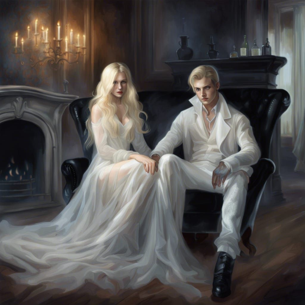 Ghostly Woman Floats Beside Man by Fireplace