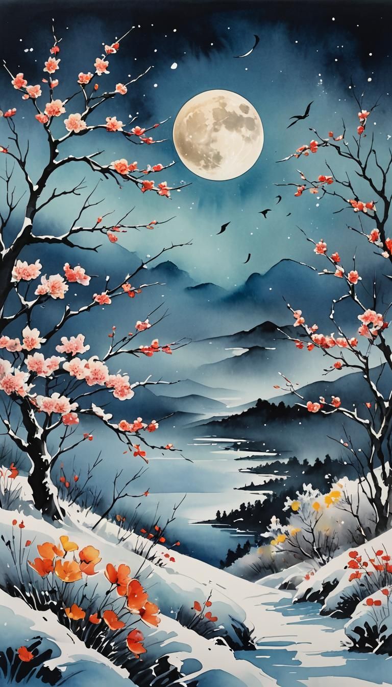 Vivid Ink Painting of Wind, Flowers, Snow, Moon
