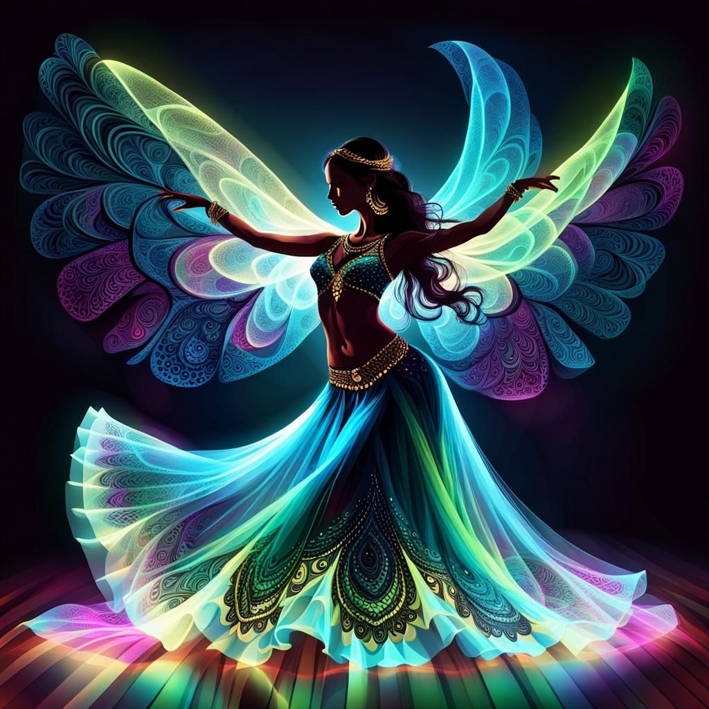 Belly Dancer Silhouette with Fluorescent Tulle Wings