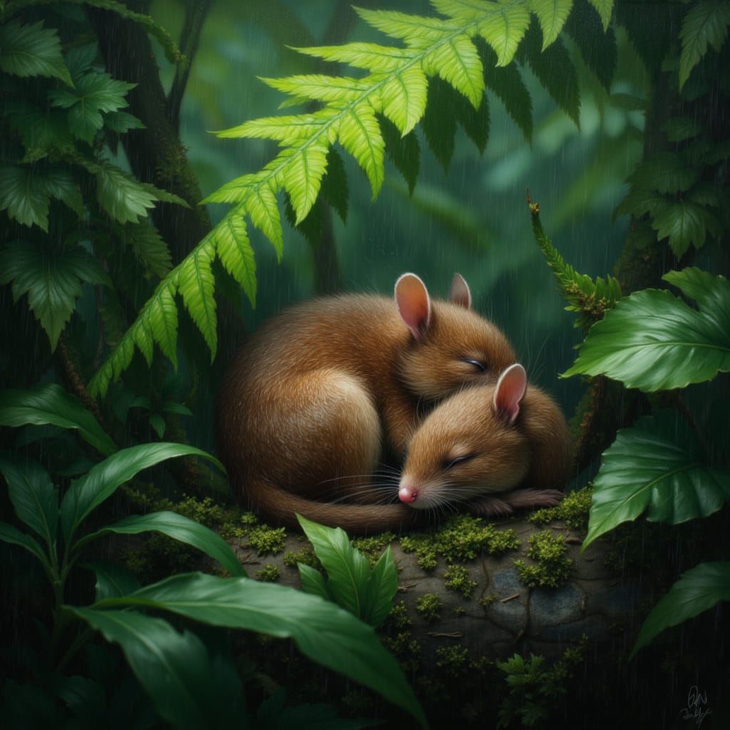 Cute Mouse Sleeping Under Fern in Rainforest Storm