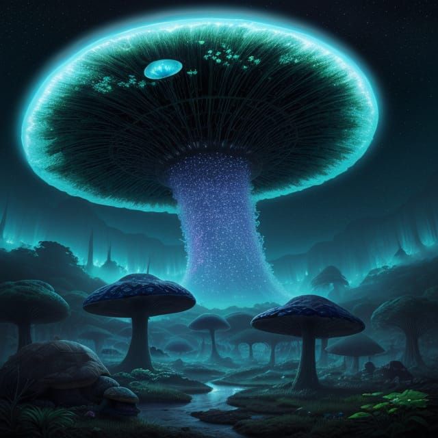 Giant Bioluminescent Mushrooms on Tortoises in Alien Jungle