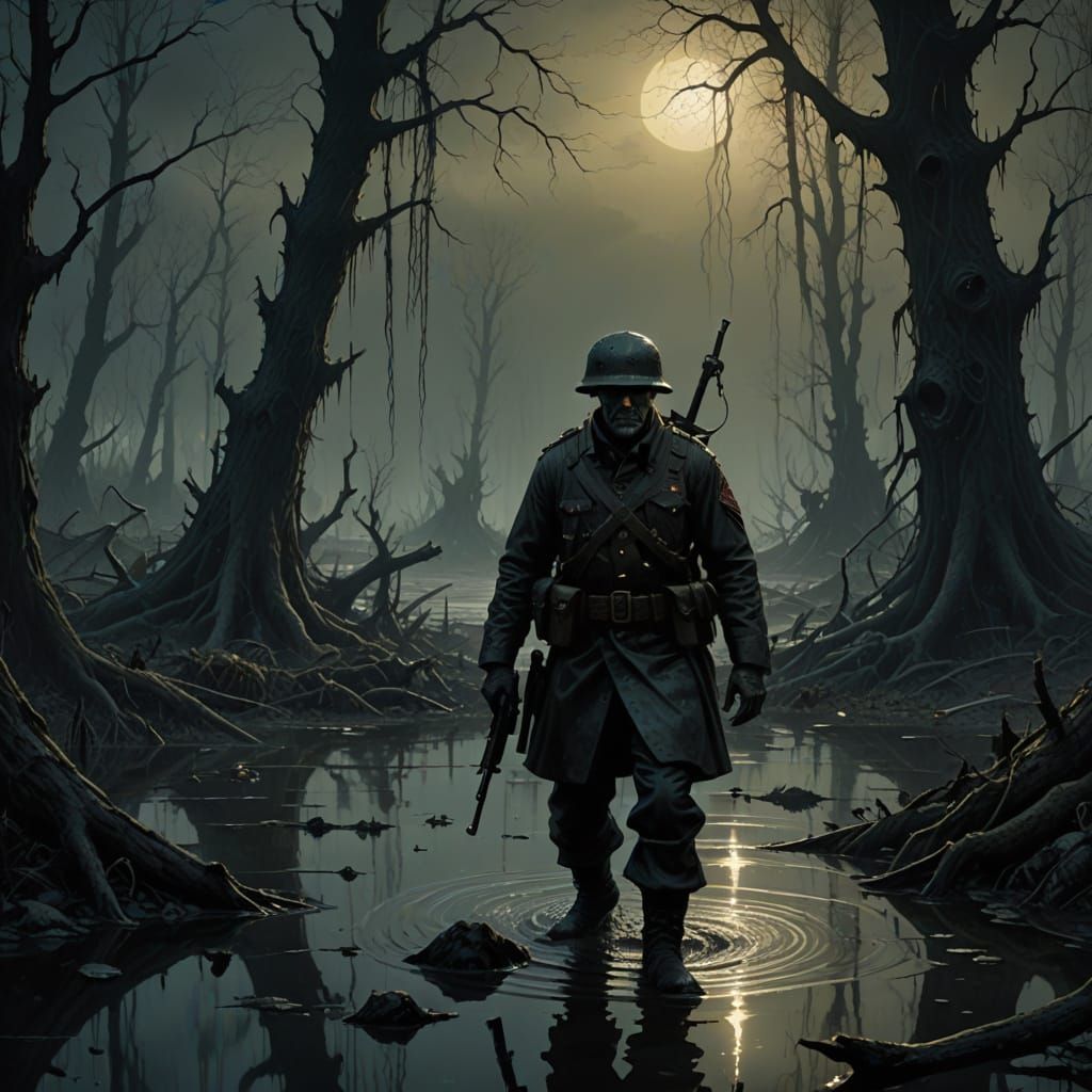 WWI Soldier Rises from Swamp in Dark Fantasy Art