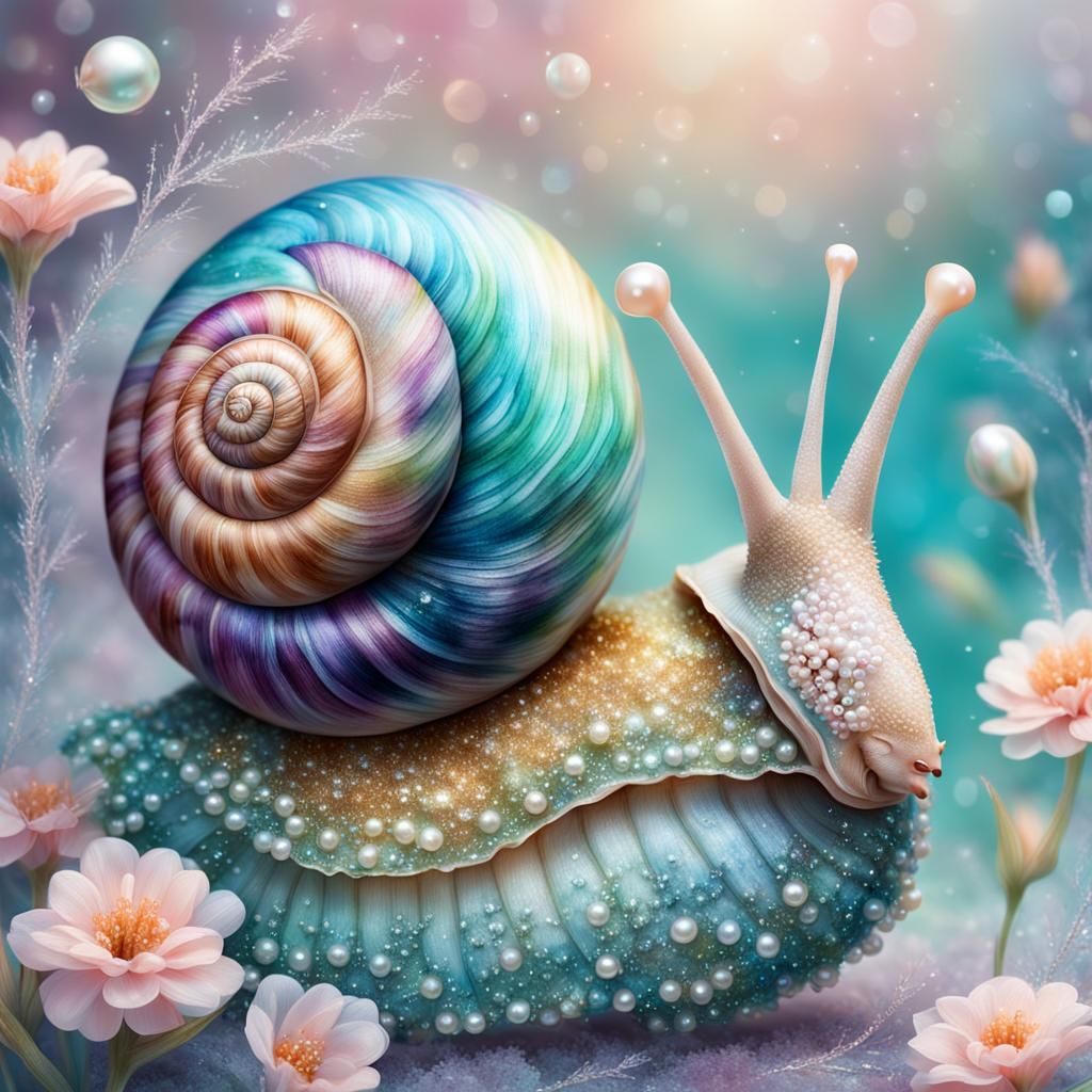 Ethereal Snail Portrait with Rainbow Shell, Macro Photograph...