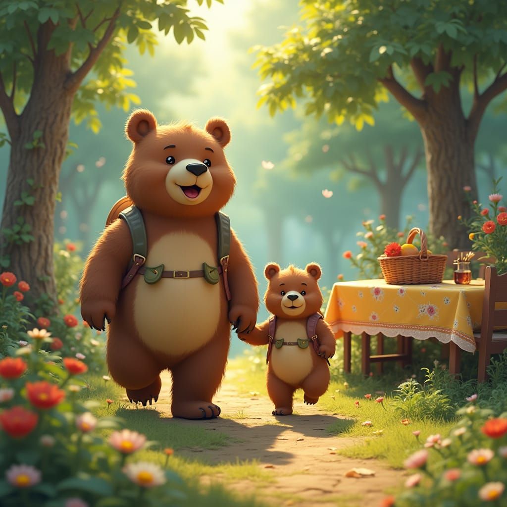 Whimsical Bear Family Picnic in Vibrant Forest