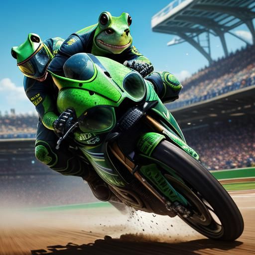 Frog Rides Turtle on Racetrack: Hyperrealistic Splash Art