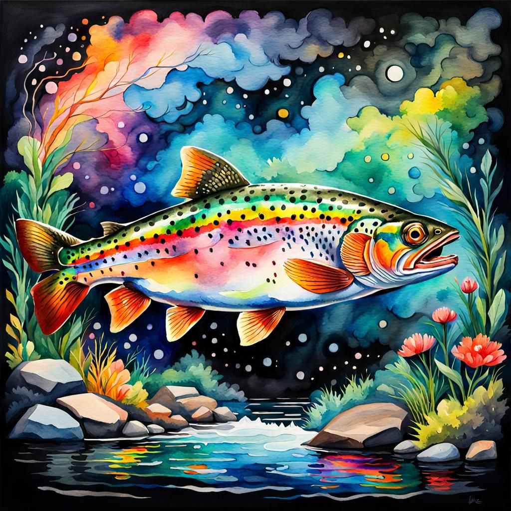 Cosmic Rainbow Trout Dreamscape in Watercolor Gouache