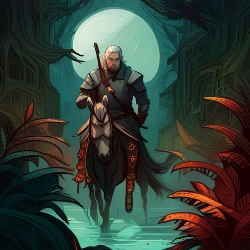 Witcher Riding a Horse Through Dense Jungle
