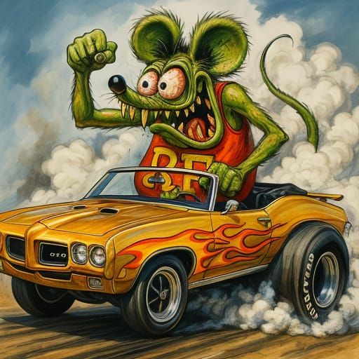 Rat Fink Driving GTO Convertible in Ed Roth Style