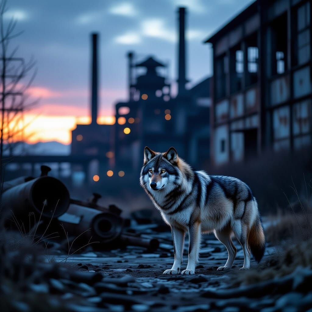 Majestic Wolf Silhouetted at Abandoned Factory at Twilight