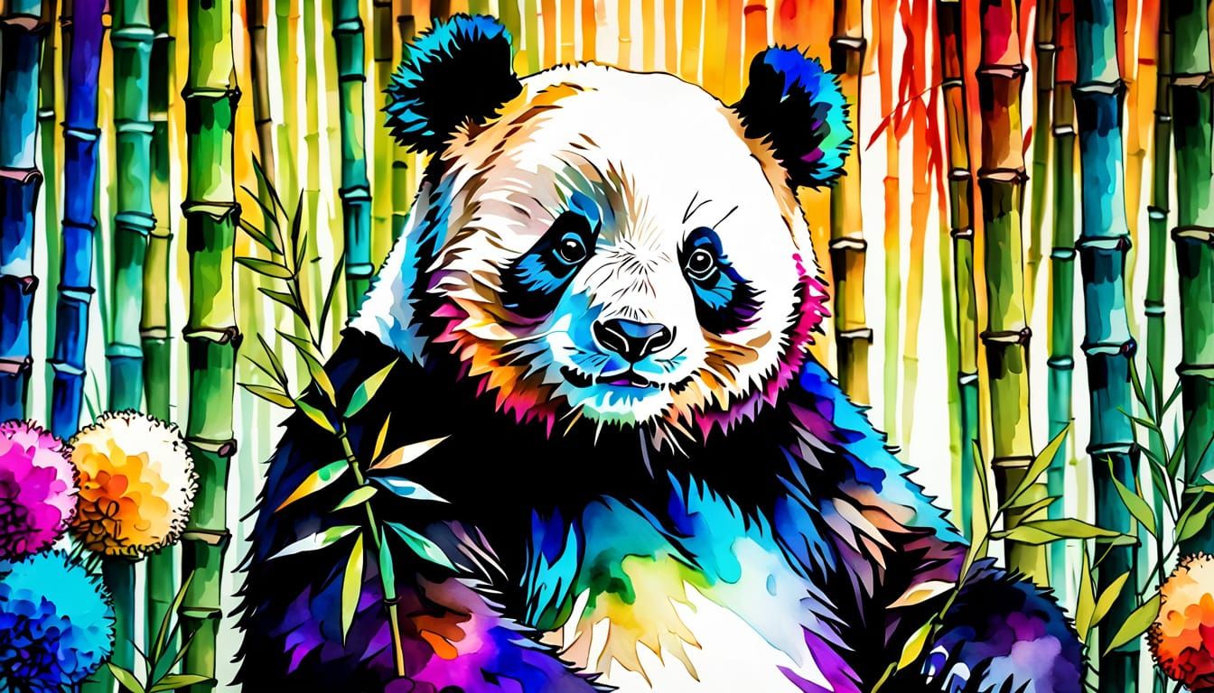 Pompom Panda in Bamboo Grove, Alcohol Ink Art