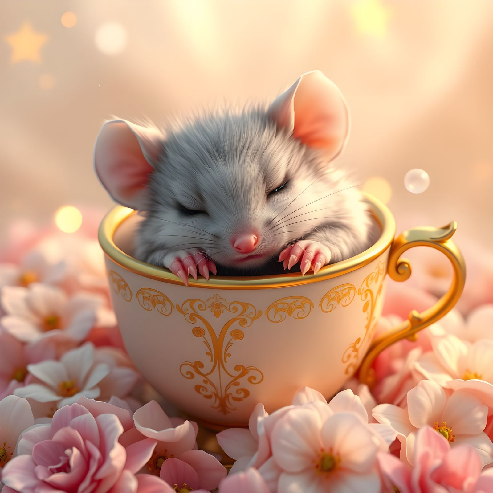 Whimsical Baby Mouse Teacup Scene in Detailed Fantasy Art