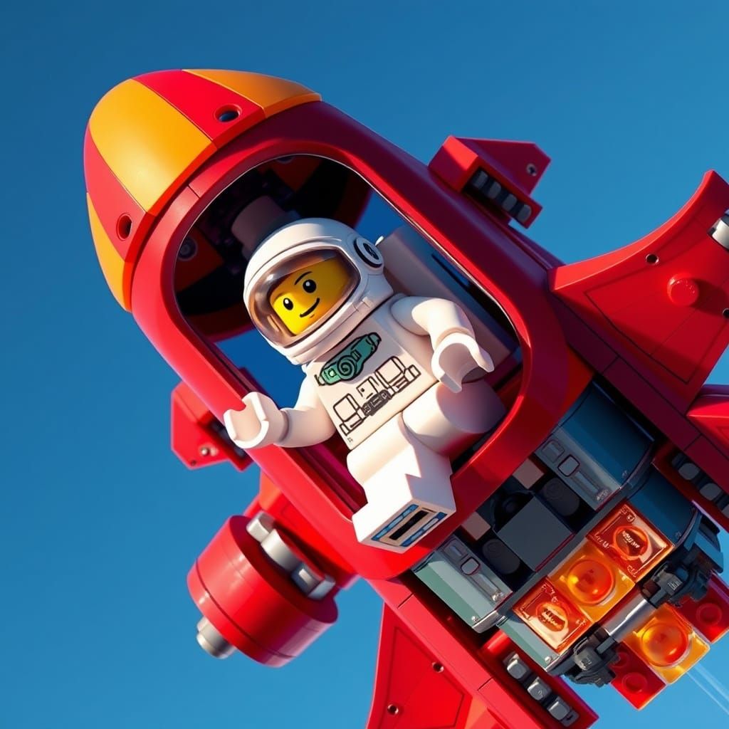 Lego Astronaut Soaring in Futuristic Rocket