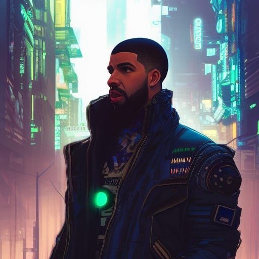 Drake Portrait in Cyberpunk City, Detailed 8K Art