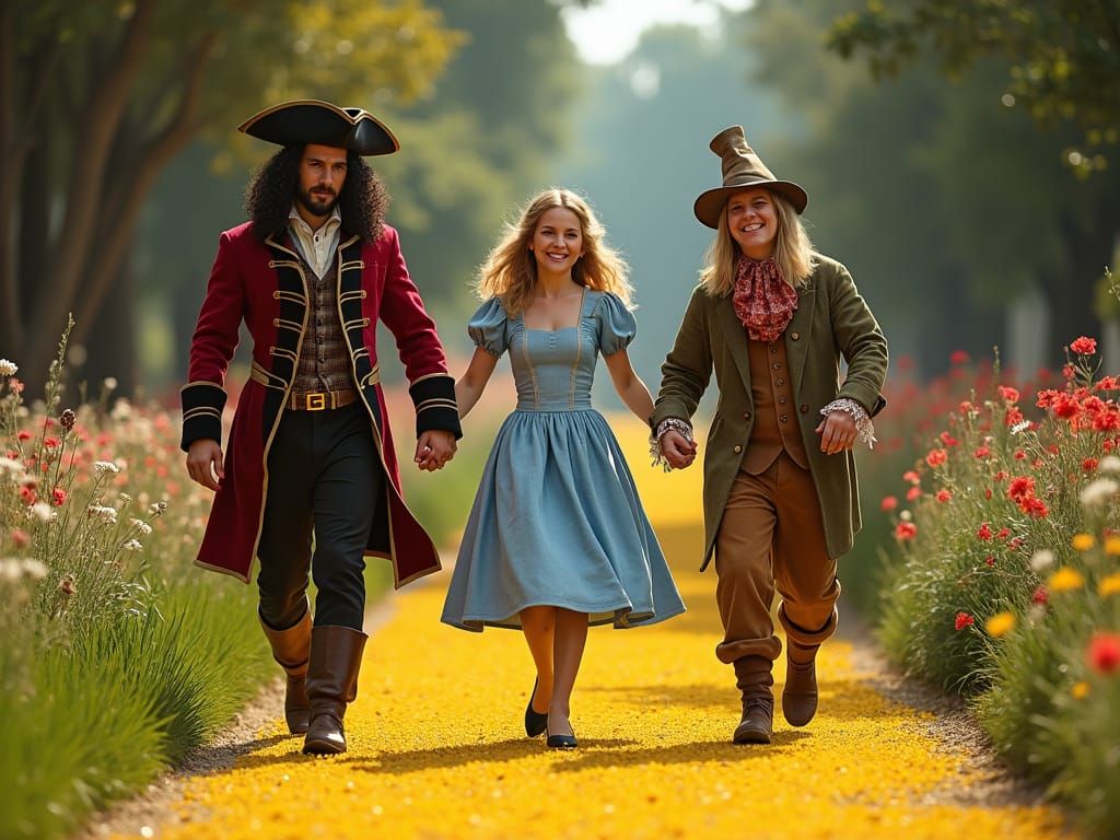 Alice's Whimsical Walk with Hook and Scarecrow
