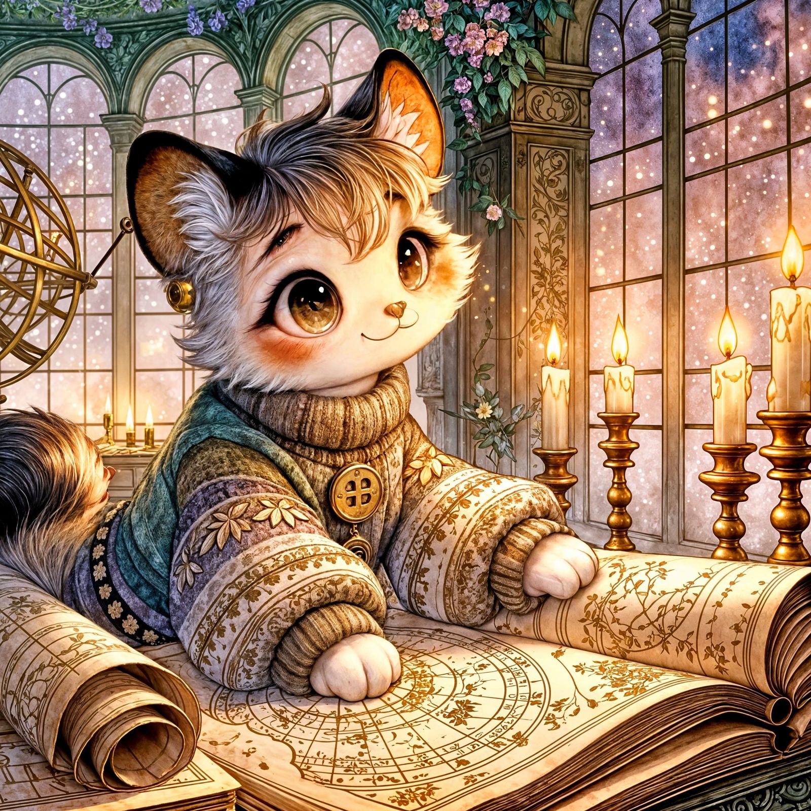 Calico Cat Scholar in Candlelit Observatory