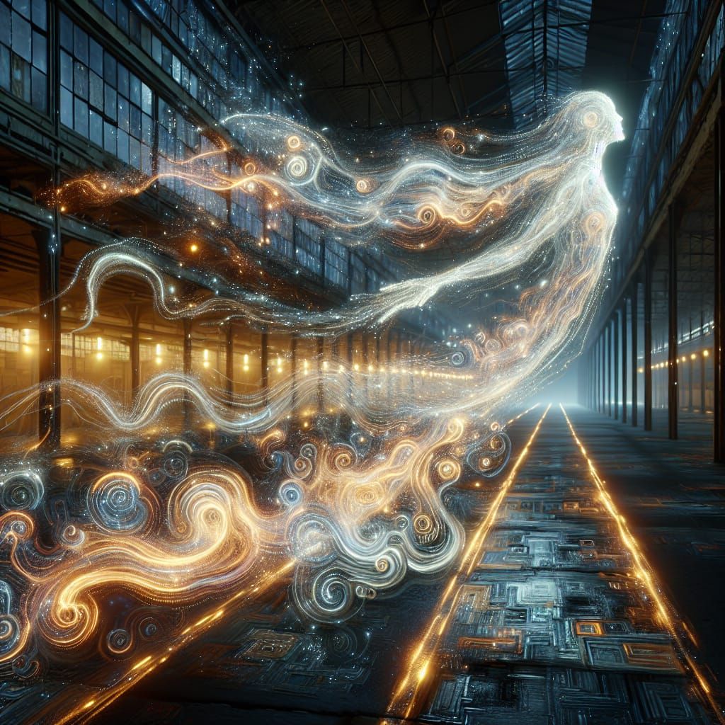 Ethereal Specter with Light Ribbons in Derelict Terminal