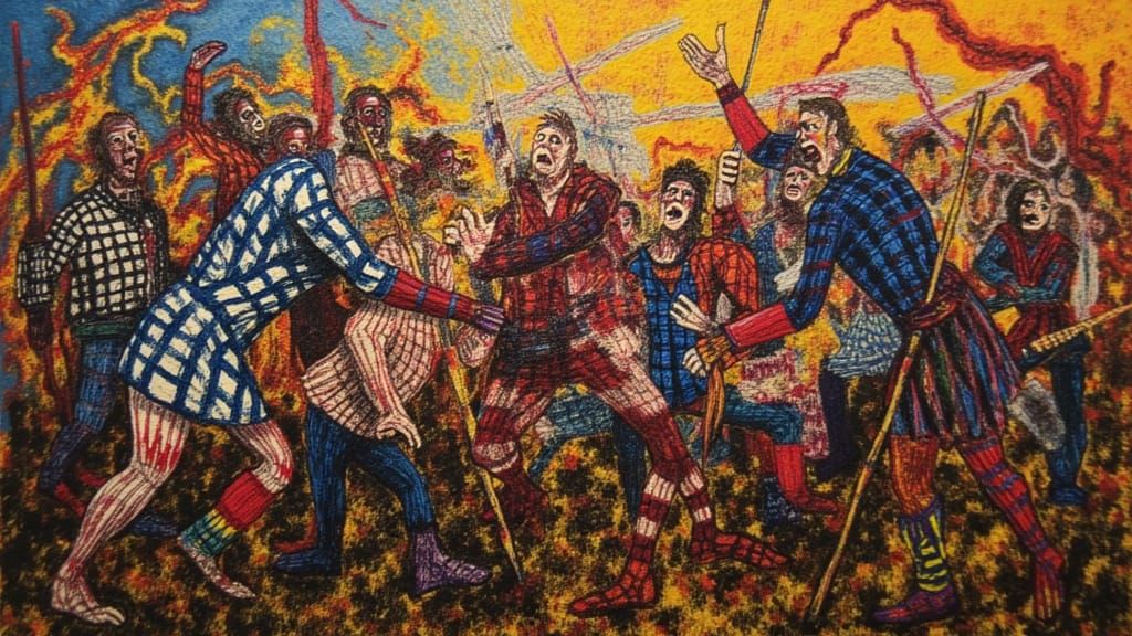 Cubist Plaid Warriors Clash in Frenzy
