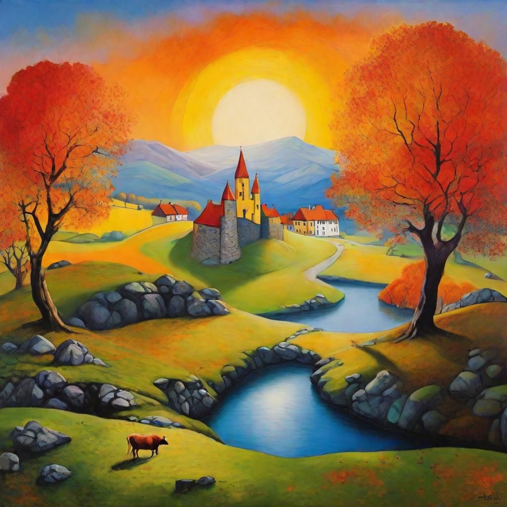 Surreal Autumnal Landscape with Floating Stones, Abstract Ar...