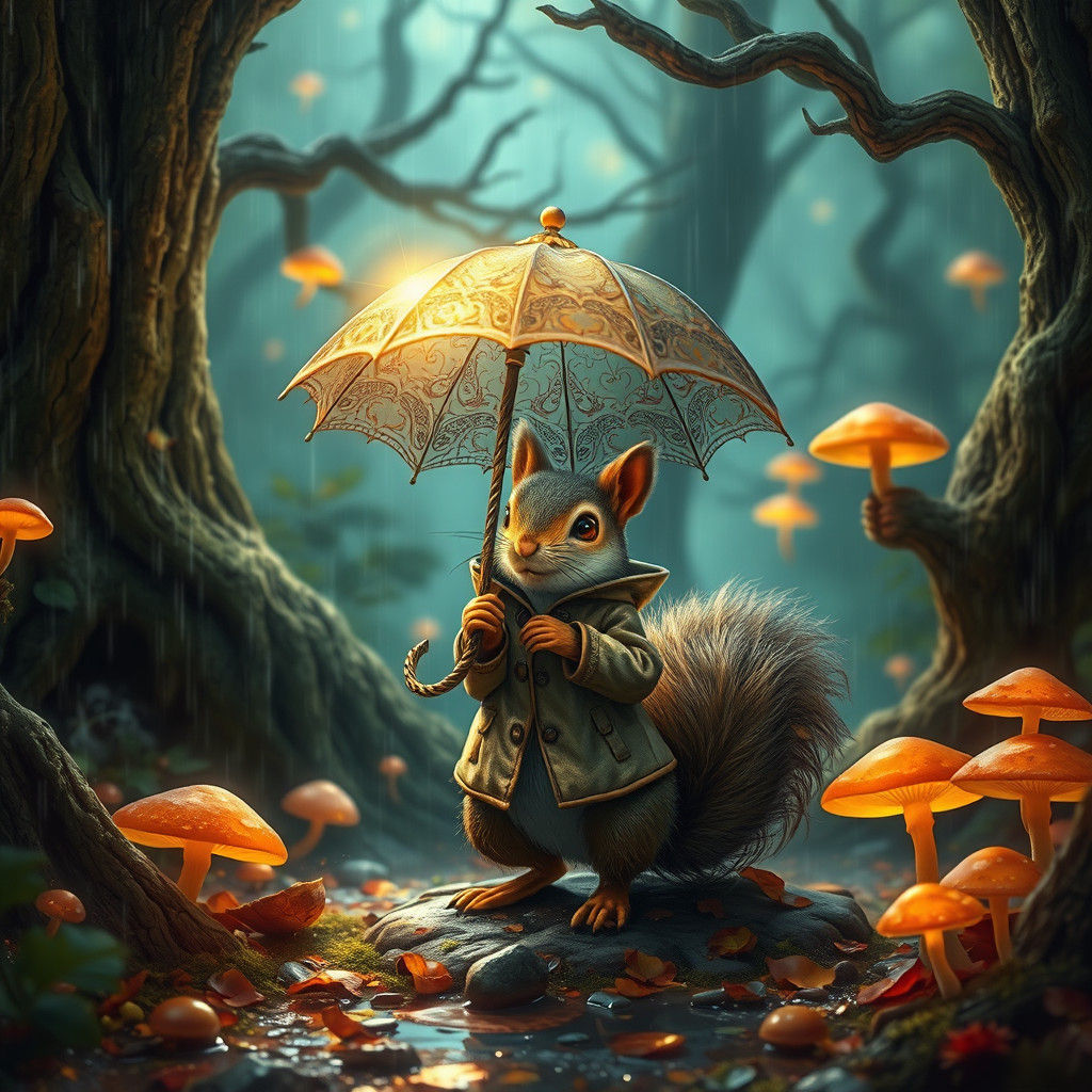 Squirrel in Raincoat Under Umbrella in Enchanted Forest