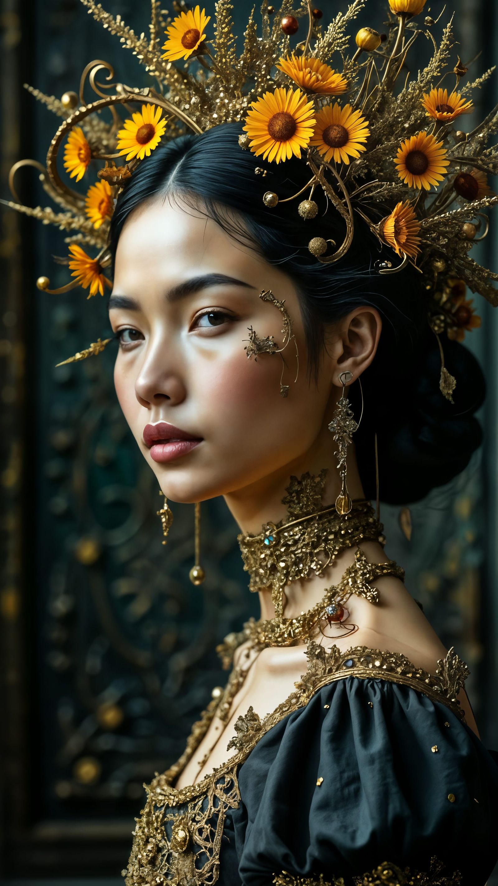 Surreal Flemish Portrait with Intricate Gold Accents