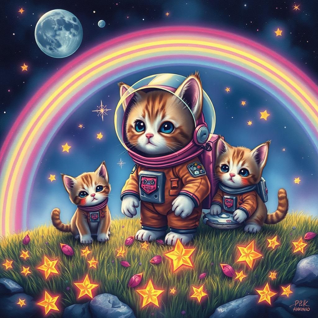 Astronaut Kittens on Lunar Surface in Dreamlike Style