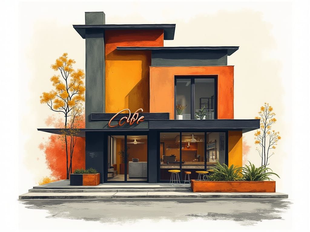 Vibrant Bauhaus Cafe Facade in Expressive Style