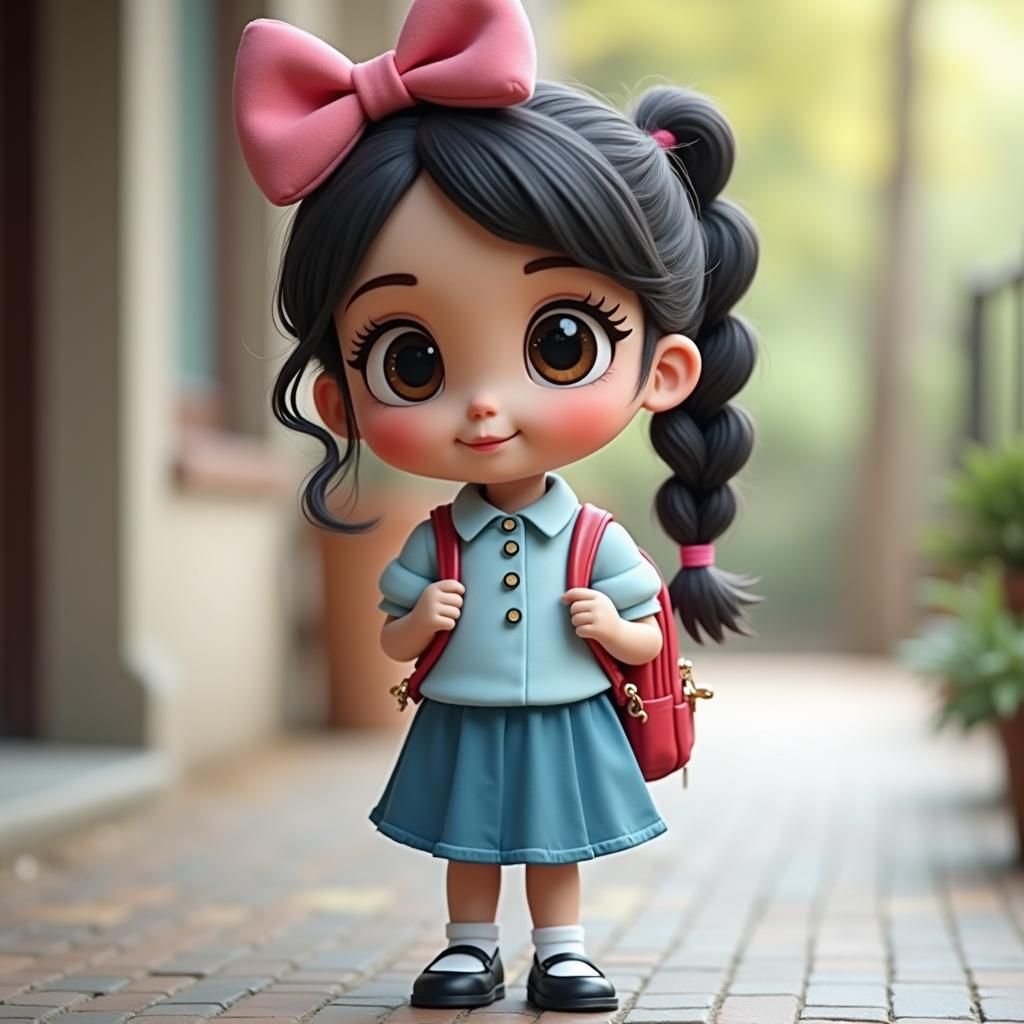 Girl with Braid, Bow, and School Bag