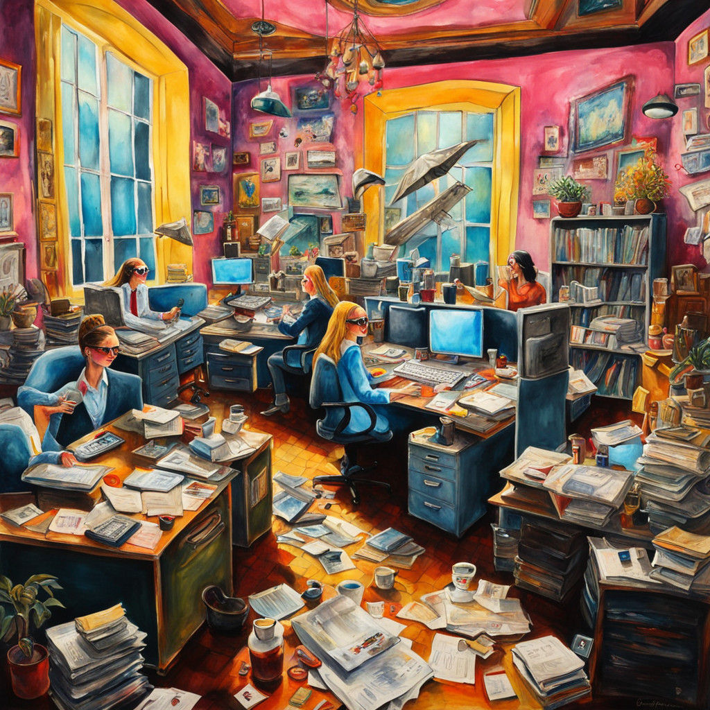 Surreal Office Scene in Whimsical Watercolor Style