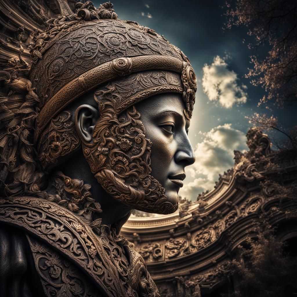 Hyperrealistic Rococo Warrior Statue in HDR