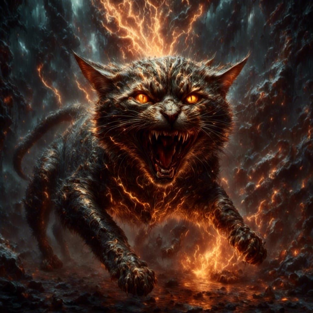 Aggressive Cat Attacks Elderly in Dark Fantasy Style