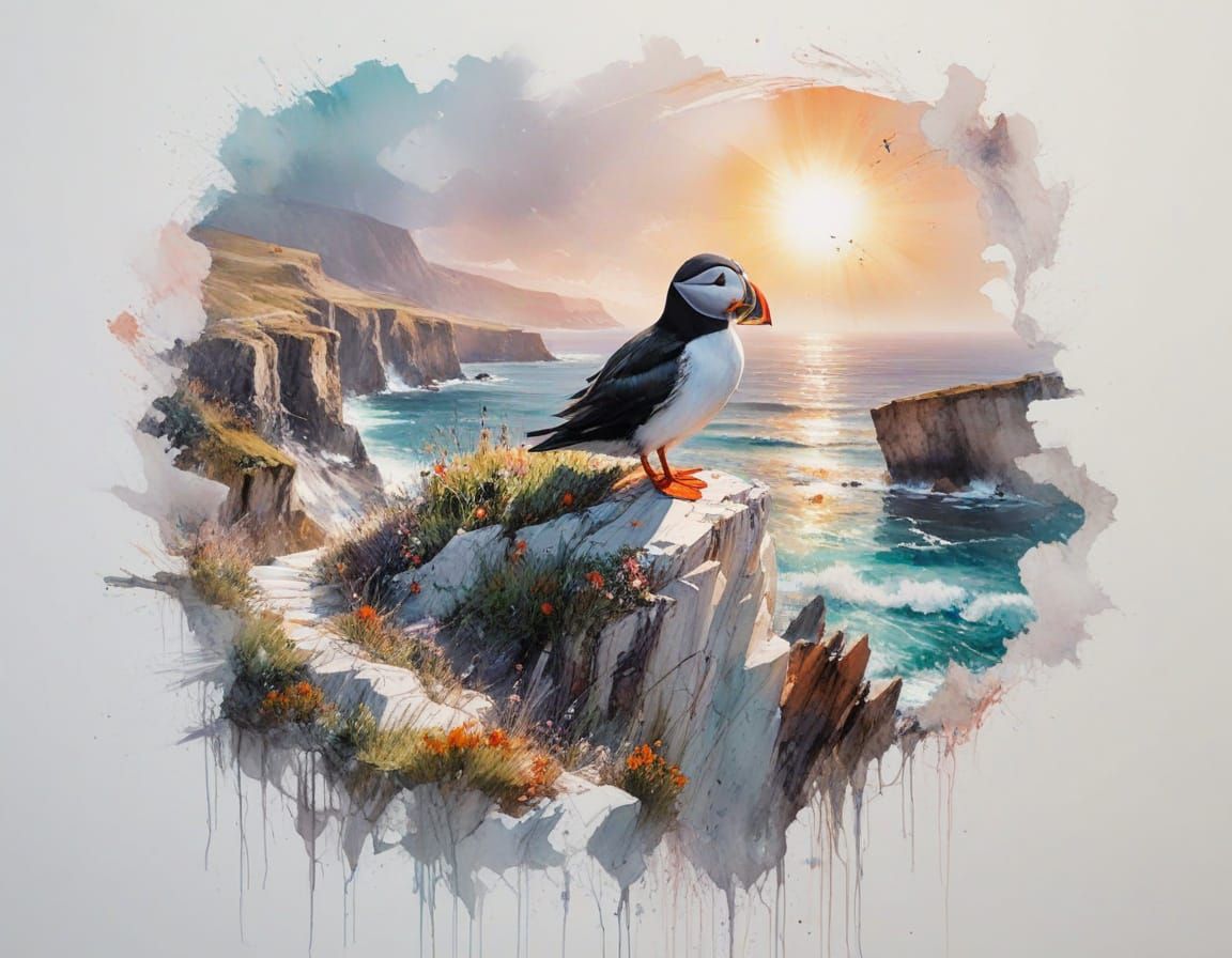 Puffin on Cliff Edge in Bold Graphic Colors