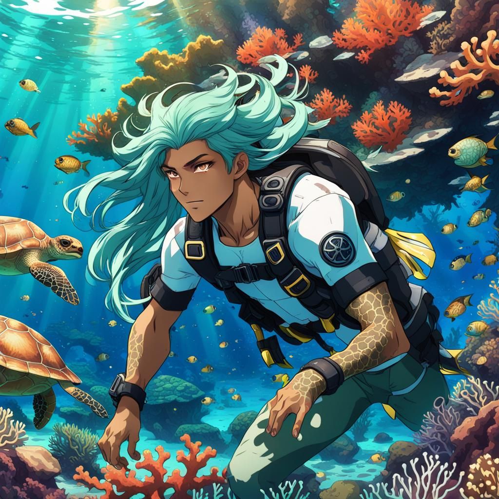 Underwater Siren Boy with Sea Turtles and Coral