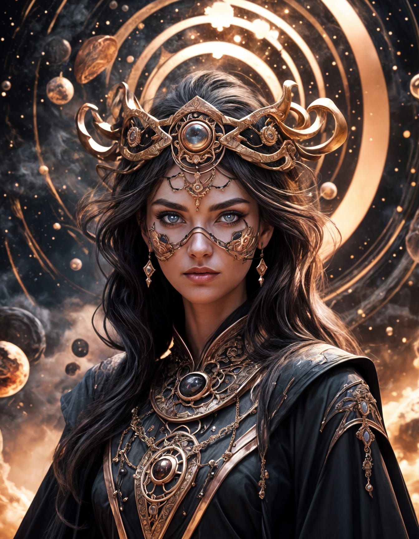 Sorceress in Cosmic Splendor, Adorned with Ancient Jewelry