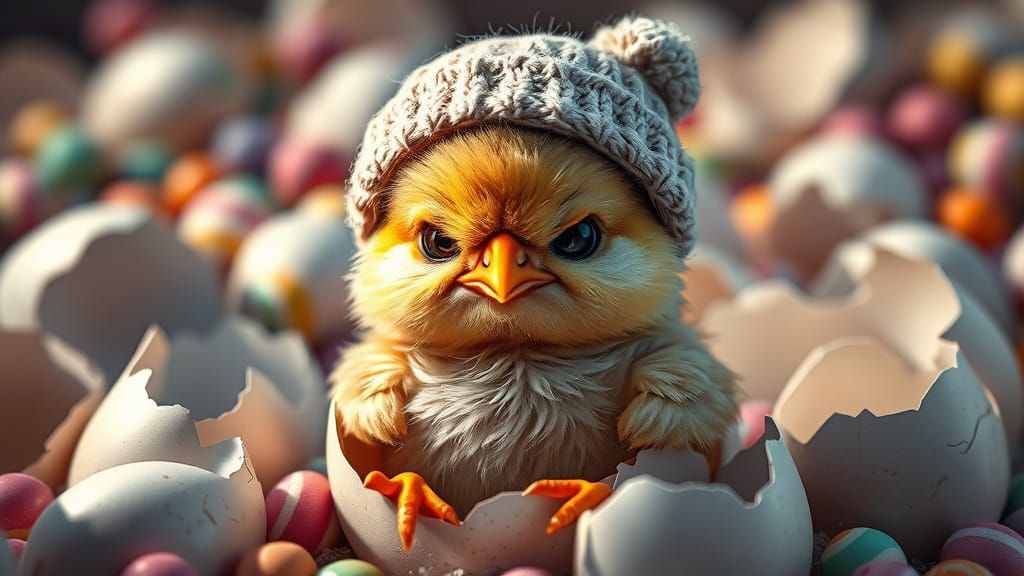 Grumpy Chick Hatching: Hyperrealistic Digital Art