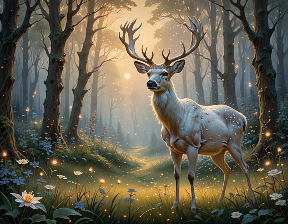 Ethereal White Deer in Forest Clearing