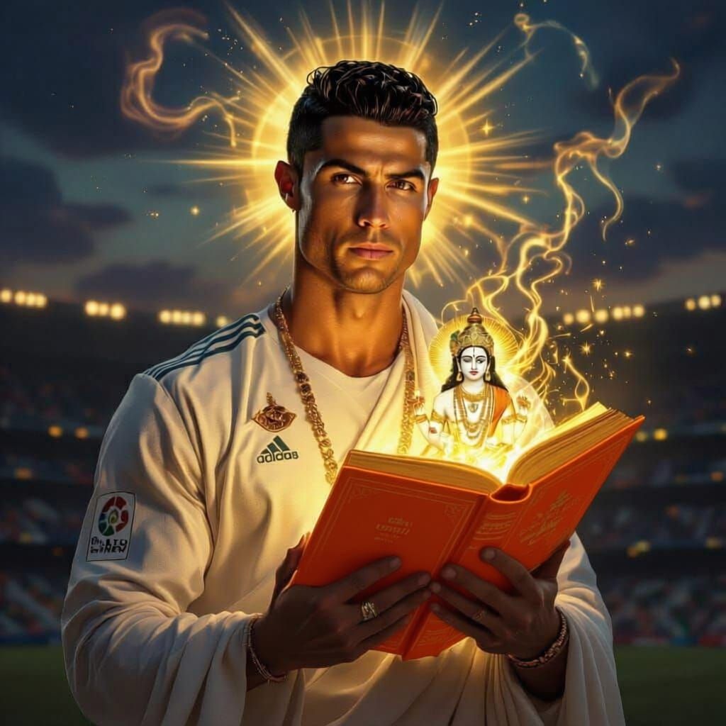 Cristiano Ronaldo Holds Bhagavad Gita with Lord Krishna