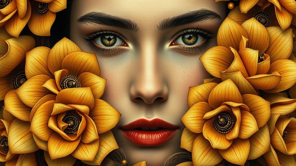 Golden Klimt-Inspired Flowers Surround a Woman's Face in Art...