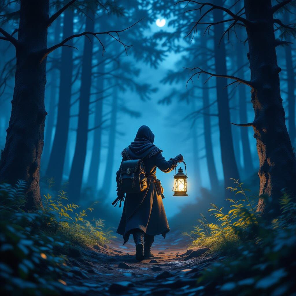 Magical Lantern Guides a Traveler Through Dark Woods