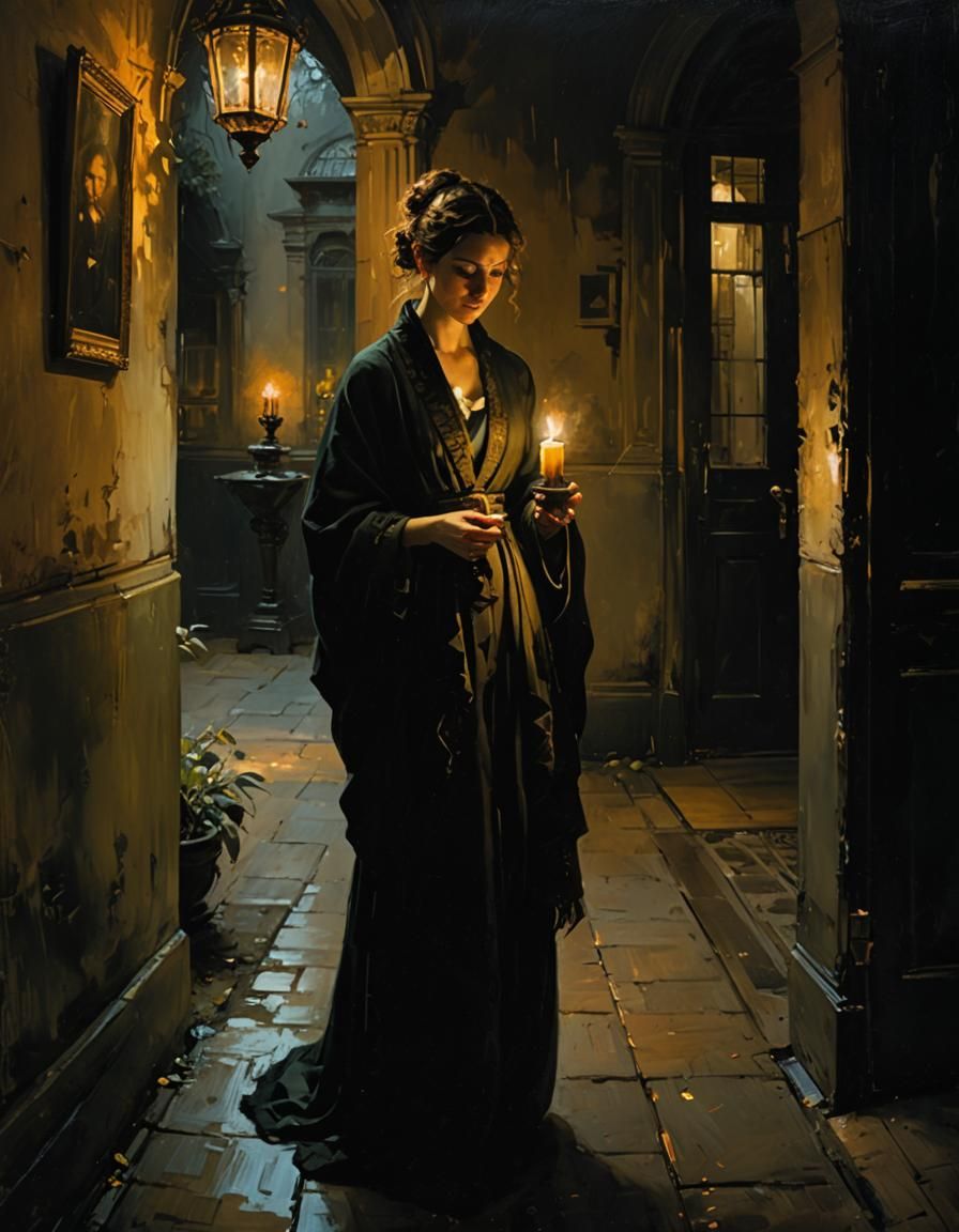 Candlelit Hallway Interior in Rembrandt Style