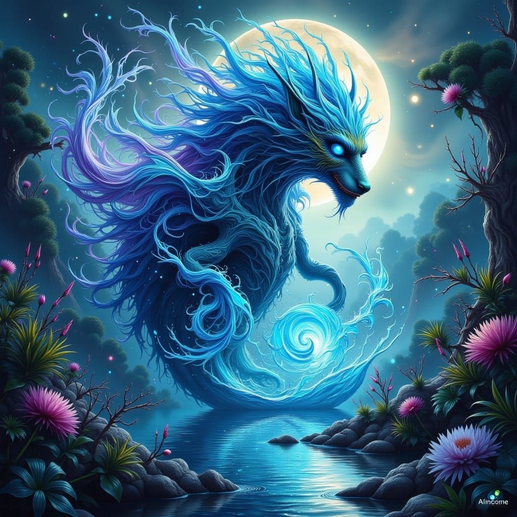 Surreal Water Elemental Emerges from Glowing, Moonlit Lake