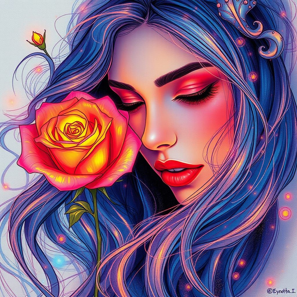 Luminescent Blue Ink Roses: Surreal Digital Sketch