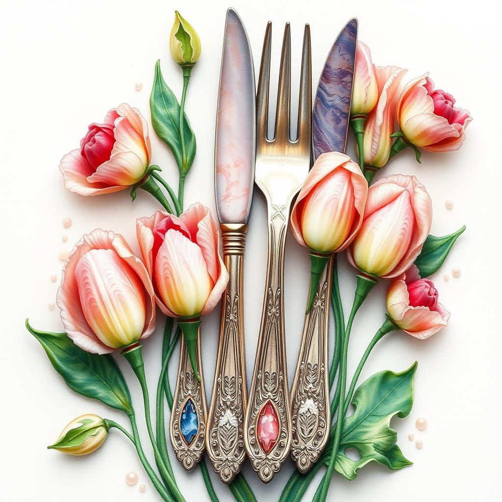 Luxurious Broderie Anglaise Cutlery with Agate Sweets Peas i...