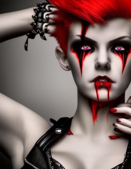 Vampire Punk Girl in Cyberpunk Style with Red Flames