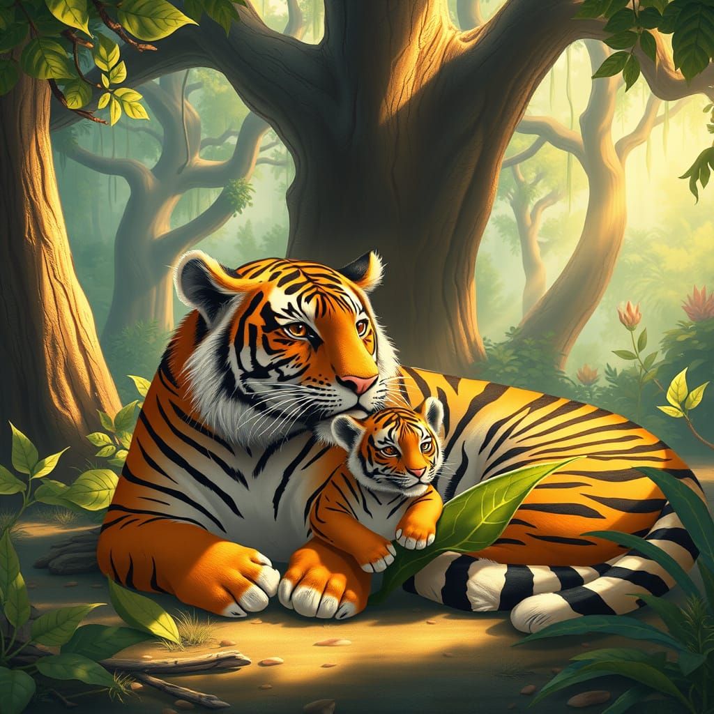 Whimsical Tiger Cub and Father in a Sunlit Forest